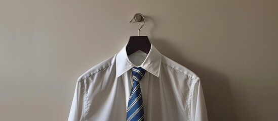 A hanger displaying a white shirt paired with a striped necktie against a light wall serves as a copy space image