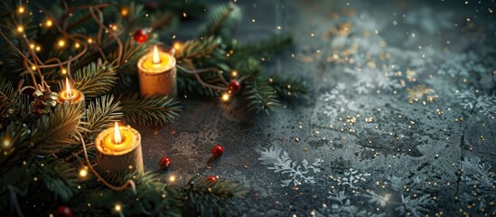 Canvas Print - Holiday greeting card design featuring a festive fir branch adorned with candles and a designated area for text in a copy space image