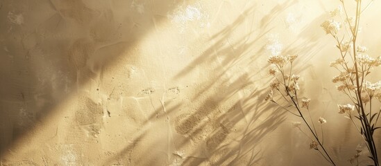 Wall Mural - Background with a neutral beige concrete plaster wall texture featuring a floral sun light shadow for use as a copy space image