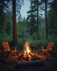 Beautiful campfire in the evening at the forest. Fire burning in dusk at campsite near a river in beautiful nature with evening sky at background