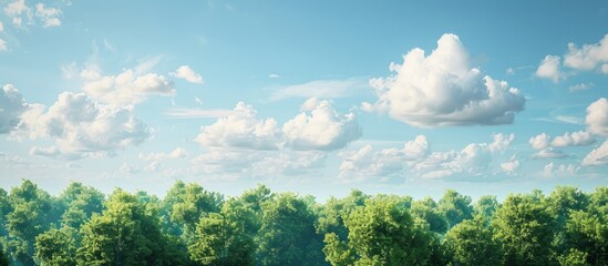 Wall Mural - Scenic view of trees against a backdrop of white clouds and a clear blue sky in a copy space image