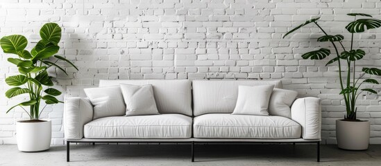 Wall Mural - A high quality image taken in an empty living room features a couch set against a white brick wall providing ample copy space