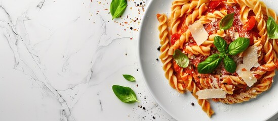 Poster - Delicious pasta with tomato sauce cheese and basil on a white marble surface viewed from above with available copy space image