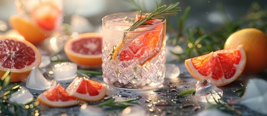 Poster - A cocktail of gin and tonic garnished with ice rosemary and grapefruit stands on a stone table with a background of different citrus fruits for cocktail making in this copy space image