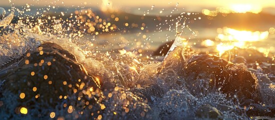 Canvas Print - A beautiful scene of wave texture hitting rocks with droplets under warm golden hour light creating a captivating copy space image