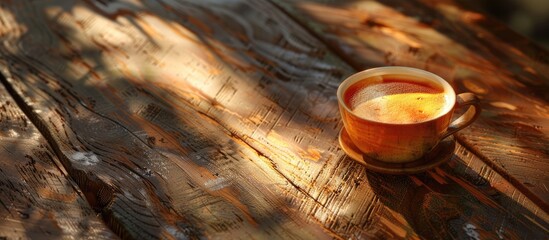 Wall Mural - An old wooden table showcasing a cup of Mexican coffee with a rustic feel in a copy space image