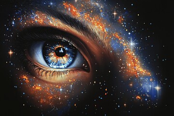 Abstract cosmic explosion of blue light expanding in space, female eye.