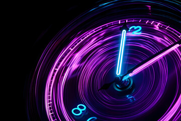 Wall Mural - Purple and blue neon antique clock isolated on black background.