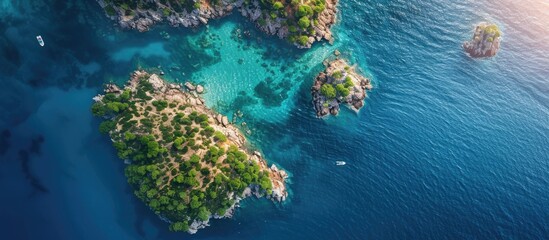 Wall Mural - Summer islands and a blue ocean viewed from above creating a picturesque seascape in summer Ideal for adding your products decor or objects within the copy space image