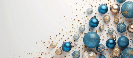 Elegant display featuring blue and gold Christmas balls on a white backdrop in a flat lay top view with copy space image