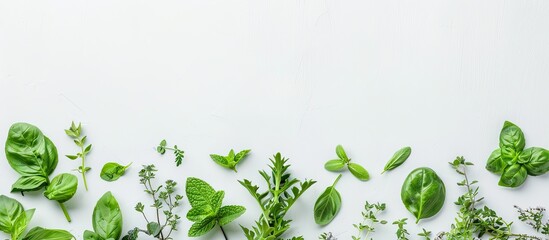 Poster - Organic culinary concept with various greens and herbs displayed on a white background in a top view flat lay composition with copy space image