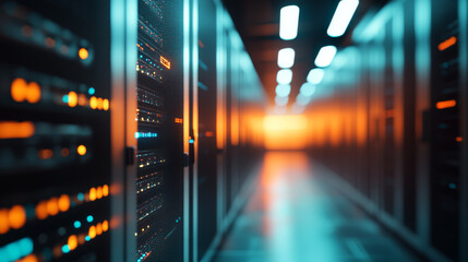 A defocused corridor view in a spacious data center, featuring rows of rack-mounted servers and supercomputers.