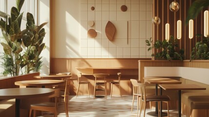 Poster - A contemporary cafe features wooden tables, chairs, and wall art, illuminated by soft afternoon light, creating a warm and inviting atmosphere.