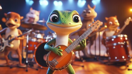 A cartoon gecko with a musical instrument, playing in a band with other cartoon animals, creating a lively and entertaining scene.