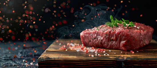 Poster - Fresh uncooked beef on a wooden board against a dark backdrop with pink salt ideal for copy space image