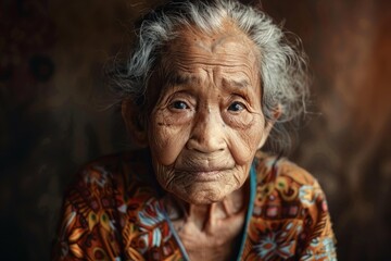 Elderly asian woman with deep wrinkles is posing for a portrait