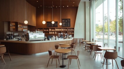 Leinwandbilder - A cozy coffee shop features wooden furnishings and bright light streaming through large windows, inviting customers to relax and enjoy beverages.