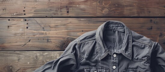 Grey shirt with no one wearing it, lying beneath on a wooden surface, evoking ideas of retail and style, especially for showcasing with a blank space for imagery. image with copy space