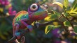 © 69 - A chameleon cartoon character changing colors on a branch, with a surprised look on its face as it discovers its new vibrant pattern.