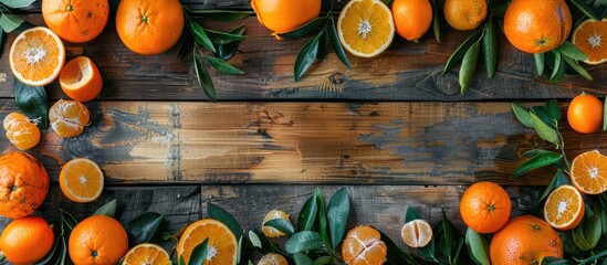 Wall Mural - Copy space image of various citrus fruits like oranges tangerines and mandarins displayed on a rustic wooden background