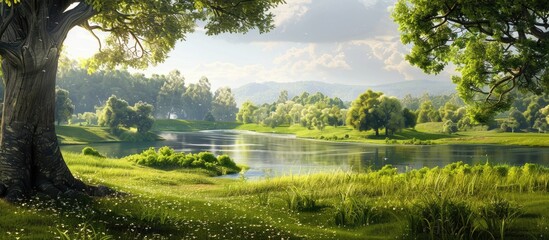 Wall Mural - Scenic summer outdoors with lush green grasslands towering trees and panoramic views ideal for hiking and picnicking a picturesque landscape with a river perfect for travel photos with copy space ima