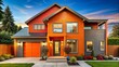 © DigitalArt Max - vibrant colorful exterior facade features bold orange vinyl siding playful whimsical accents fun eclectic style lively energetic atmosphere