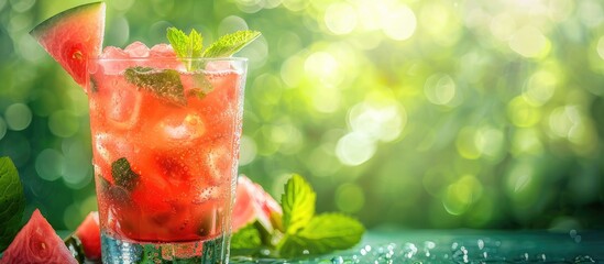 Poster - Glass of refreshing watermelon lemonade with mint on a green table creating a beautiful composition with a clear area for additional visuals like a copy space image