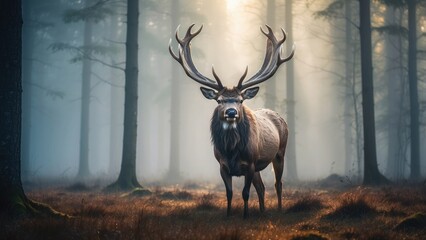 Majestic stag standing in a foggy forest clearing, antlers covered in morning dew, 