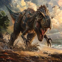 Tyrannosaurus Rex Running on the Beach.