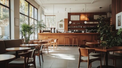 Fototapete - The cafe features wooden tables, plants, and a barista station, illuminated by natural light, inviting customers to relax and enjoy their drinks.