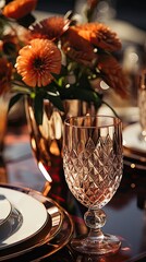 Sticker - fancy dishes and silverware and drinking glass closeup for the concepts of table setting and events arrangement 