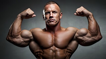 Bodybuilder posing on black background. Beautiful sporty guy male power. Fitness muscled man standing at the studio