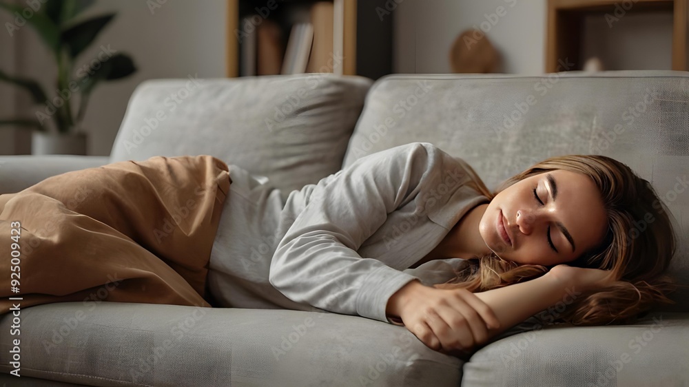 Pretty single woman lying sprawled out on sofa in a relaxed position ...