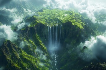 Wall Mural - breathtaking aerial view of mystical valley ethereal mist cascading waterfalls vibrant flora surreal lighting fantasy elements subtly integrated