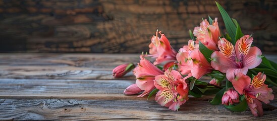 Poster - Alstroemeria flowers on a wooden table showcase a charming natural scene with copy space image