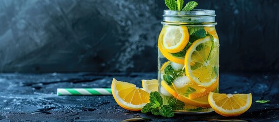 Wall Mural - Lemonade beverage with sliced lemon and mint in a jar on a dark backdrop with copy space image.