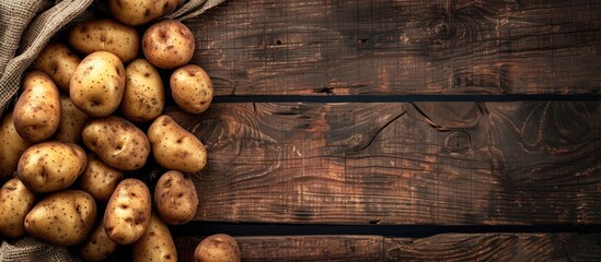 Poster - Freshly harvested organic vegan potatoes on a wooden background with copy space image available