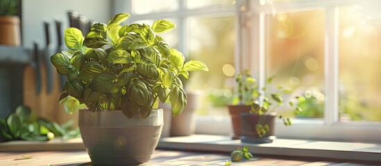 Poster - Basil plant in a kitchen pot with a window background showcasing fresh organic leaves spices and vegan options perfect for home gardeners with a copy space image