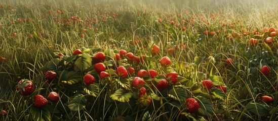 Wall Mural - Wild strawberries with red fruits scattered across a meadow providing a picturesque copy space image