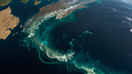 The swirling patterns of a phytoplankton bloom in the ocean, viewed from space. Background