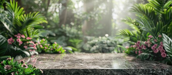 Poster - Elegant nature display background with a marble top and a lush green floral garden or forest in selective focus for a copy space image