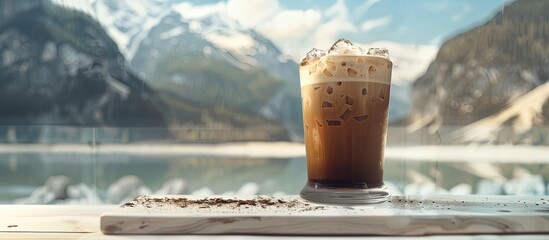 Canvas Print - Iced coffee in a glass cup sits on a white wooden board against a backdrop of blurred mountains and sky providing a spot for product promotion. Copy space image. Place for adding text and design