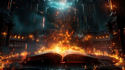 A book is open to a page with a fire on it