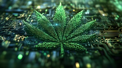 Marijuana leaves on a pixel technology background, close up top view on cannabis leaves and branches on technology background for alternative medical and marketing design concept