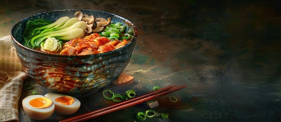 Poster - A delicious Japanese ramen bowl filled with chicken mushrooms eggs and bok choy cabbage featuring copy space image