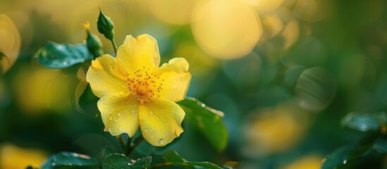 Wall Mural - The Yellow Chinese rose plant, scientifically named Rosa chinensis Jacq, is from the Rosaceae family, and it makes a stunning copy space image.