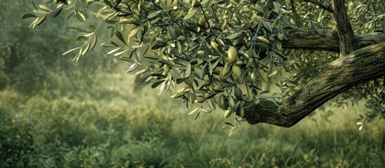 Canvas Print - A detailed image of an olive tree branch with silvery green leaves highlighting bark and foliage textures set against a backdrop of lush green grass in a peaceful countryside ideal for copy space ima