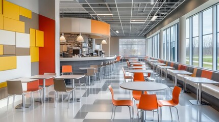 Poster - A contemporary cafe features vibrant orange and gray furniture, large windows letting in natural light, and a stylish counter area, creating an inviting atmosphere for customers.