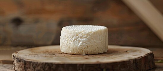 Poster - Fresh cow goat or sheep cheese on a rustic table as an appetizer with a top view on a copy space image for a natural and fresh food background