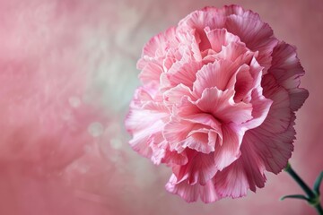 Wall Mural - Single pink carnation with delicate petals is blooming against a soft pink background